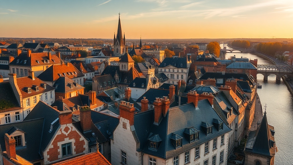 Vue aérienne des toits d'Angers et de la Maine au coucher du soleil