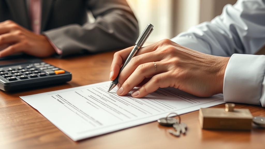 Signature d'un contrat de prêt immobilier sur un bureau en bois